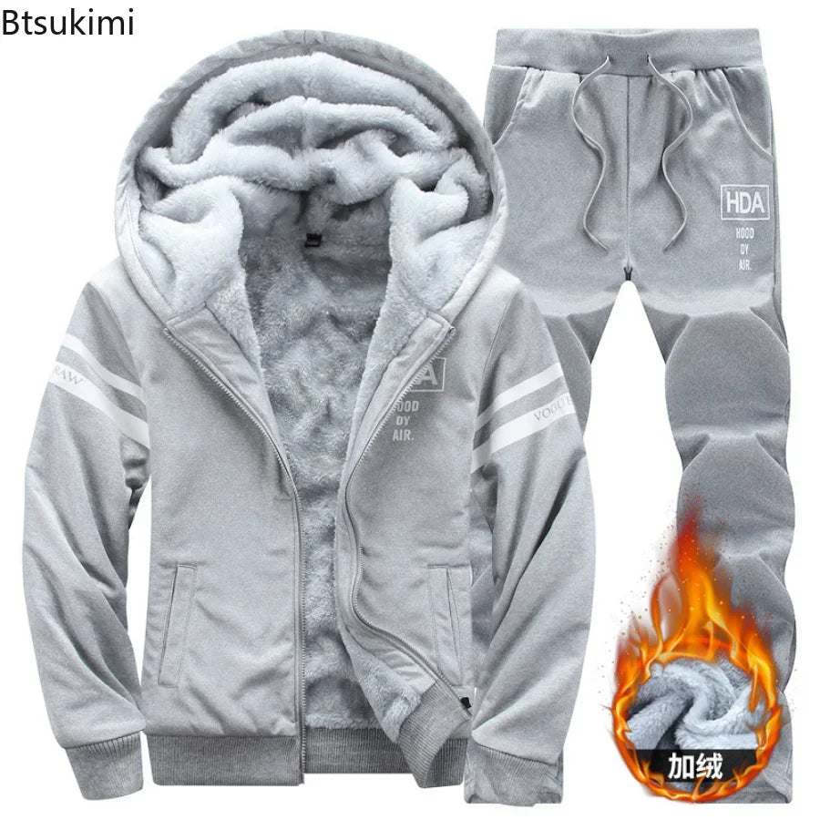 2024 Men's Thicken Warm Tracksuit Set Cardigan Fleece Hood Jacket+Pants Sweatshirts Male 2 Piece Sets Hoodies Suit Coat Big Size