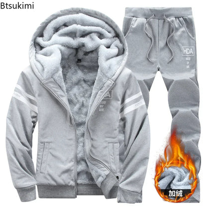 2024 Men's Thicken Warm Tracksuit Set Cardigan Fleece Hood Jacket+Pants Sweatshirts Male 2 Piece Sets Hoodies Suit Coat Big Size