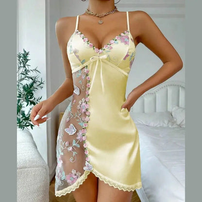Woman Floral Lace Pajama Side See Through Spliced Flowers Pajama Night Dress Open Back Satin Nightgown Chic Le'Meek