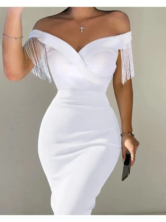 Women Dress Summer Sexy Solid High Waist Dresses Ladies Slash Neck Evening Tassel Backless Splice Midi Vestidos Party Clothing Chic Le'Meek