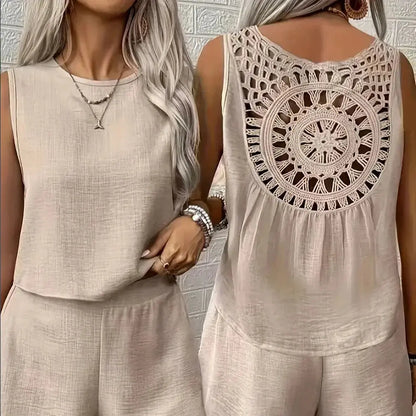 Women’s Plus Size Linen Sets Hollow Out Back Round Neck Sleeveless Vest And Shorts 2-Piece Set Summer Female Daily Vacation Sets Chic Le'Meek