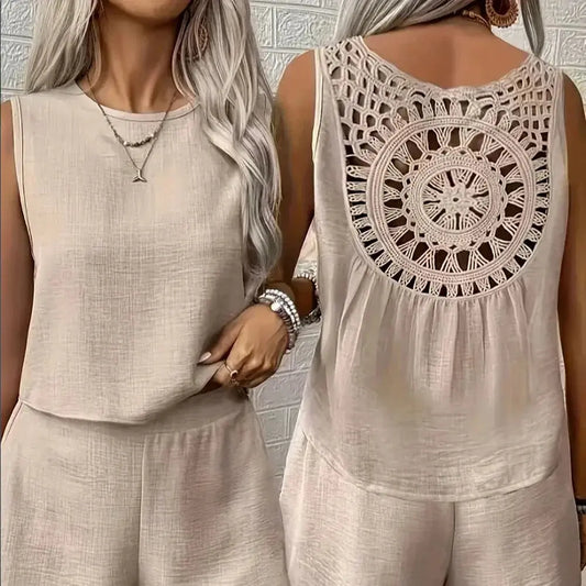 Women’s Plus Size Linen Sets Hollow Out Back Round Neck Sleeveless Vest And Shorts 2-Piece Set Summer Female Daily Vacation Sets Chic Le'Meek