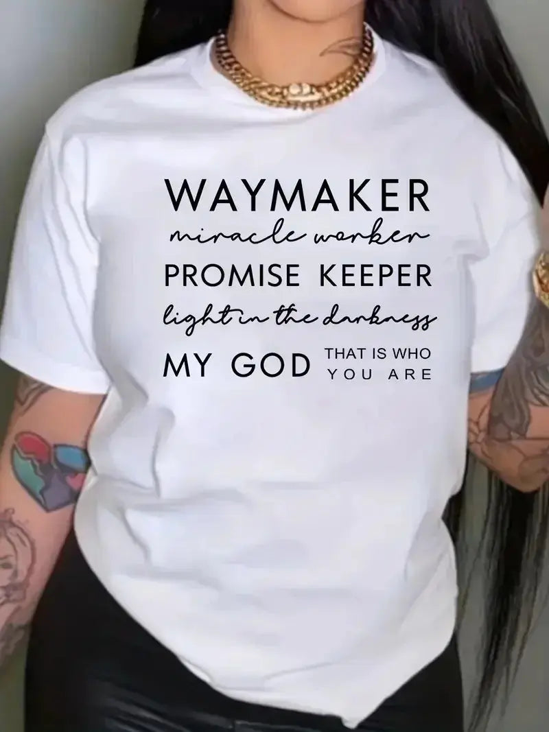 Faith Quote Print Crew Neck Graphic T-Shirt, Solid Short Sleeve Fashion Loose Fit T-Shirt, Women's Tops Graphic T Shirts Y2K Top Chic Le'Meek