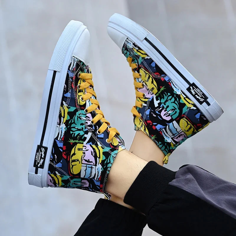 Cool Discount Low Price Shoes Graffiti Canvas Shoes Men's Sneakers High Top Couple Style Board Casual Mens Tennis Men's Shoes