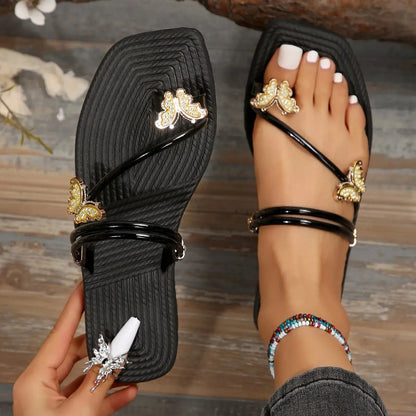 Fashionable Butterfly Pinch Toe Sandal Metal Strap Fat Sandals Summer New Holiday Outdoor Beach Sandals Shoes Woman 2024 Trend Temu