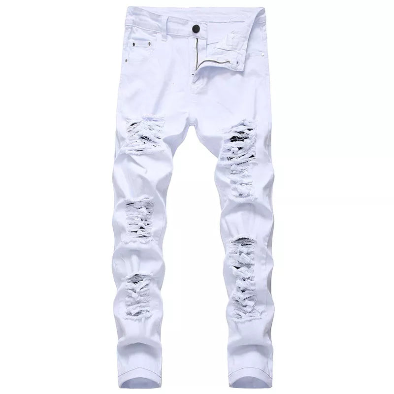 Men's White Jeans Fashion Hip Hop Ripped Skinny Men Denim Trousers Slim Fit Stretch Distressed Zip Men Jean Pants High Quality