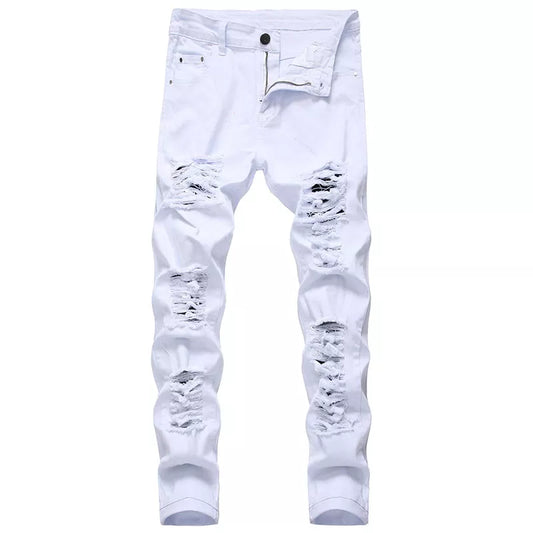 Men's White Jeans Fashion Hip Hop Ripped Skinny Men Denim Trousers Slim Fit Stretch Distressed Zip Men Jean Pants High Quality