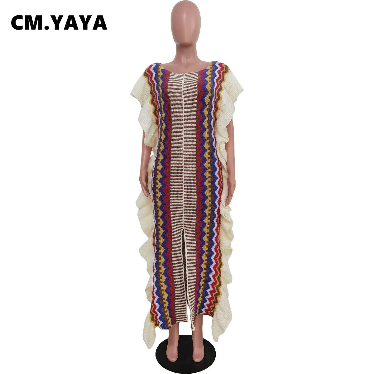 Knit Ribbed Clock Ruffes Side Sleeve Front Split Striped Straight Maxi Dress Fashion