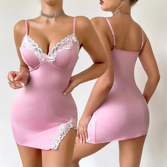 Summer hot Women Nightdress Seductive Pink Deep V Sleeveless Fashion Lace Sleep Pajamas Dress Ladies Lingerie Nightgown Homewear Chic Le'Meek