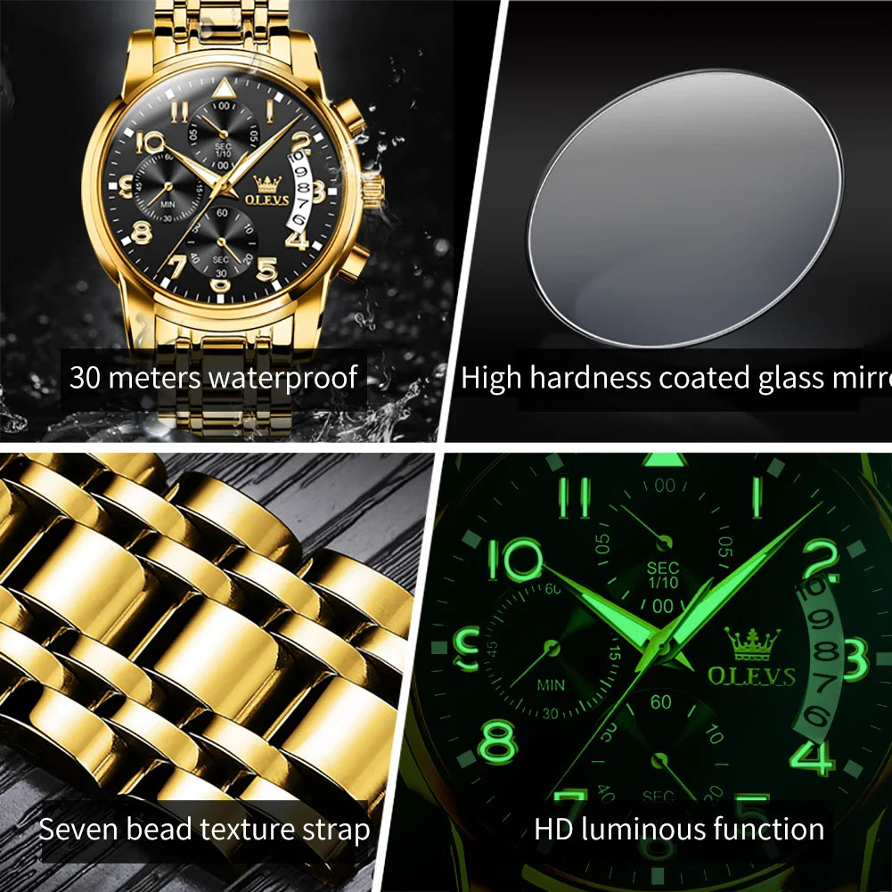 OLEVS Luxury Men's Watches Original Gold Chronograph Wristwatch Waterproof Stainless Steel Luminous Quartz Watch for Man Social