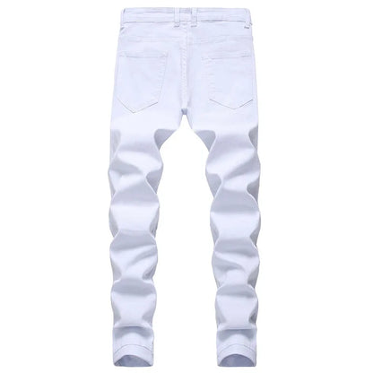 Men's White Jeans Fashion Hip Hop Ripped Skinny Men Denim Trousers Slim Fit Stretch Distressed Zip Men Jean Pants High Quality