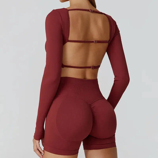 New Sexy Back Hollow Out Long Sleeve Yoga Shirts Square Neck Quick Dry Running Tops Tight Slimming Gym Fitness T-Shirt With Pads Chic Le'Meek