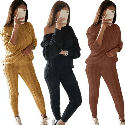 Autumn Winter Women Knitted Tracksuit Two Piece Set Women Sweater Tops Elastic Waist Pant Knitted Suit Women Two Piece Outfits