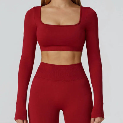 New Sexy Back Hollow Out Long Sleeve Yoga Shirts Square Neck Quick Dry Running Tops Tight Slimming Gym Fitness T-Shirt With Pads Chic Le'Meek