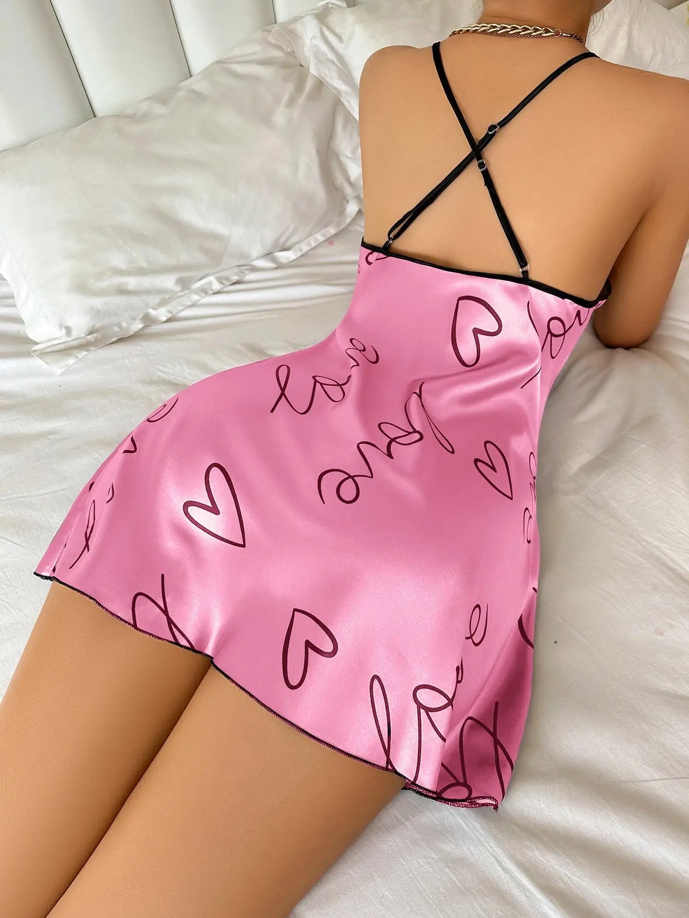 Heart   Letter Print Nightdress  Casual Round Neck Spaghetti Strap Sleep Dress  Women's Sleepwear   Dresses Chic Le'Meek