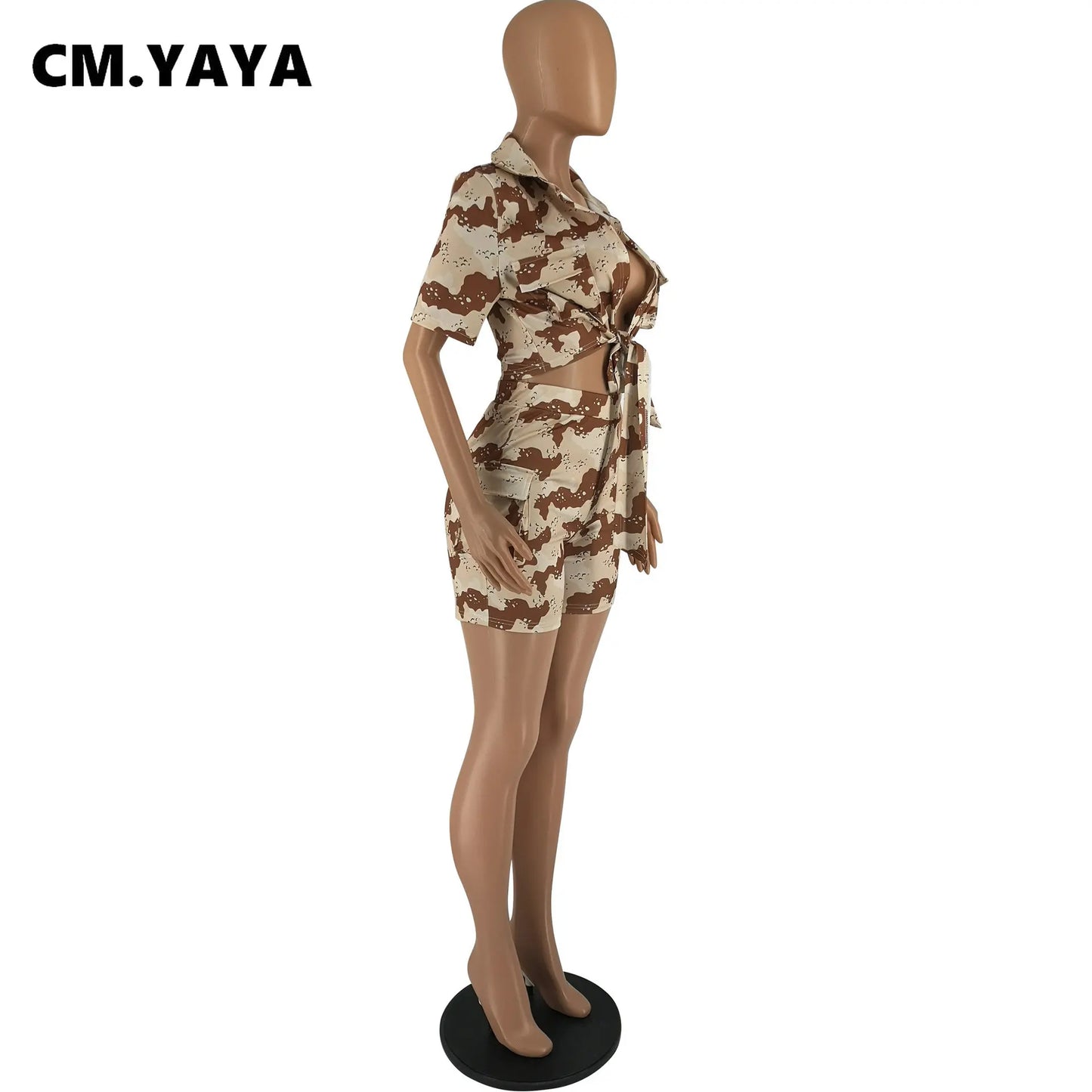 CM.YAYA Street Camouflage Women's Set Short Sleeve Pocket Front Shirt and Cargo Shorts Suit 2023 Two 2Piece Set Outfit Tracksuit