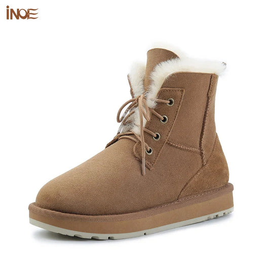 INOE Women Fashion Casual Short Winter Snow Boots Sheepskin Suede Leather Natural Sheep Wool Fur Lined Warm Shoes Waterproof