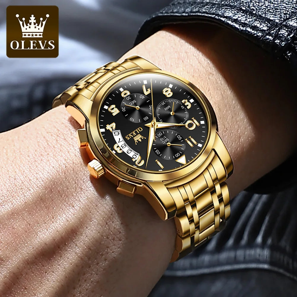 OLEVS Luxury Men's Watches Original Gold Chronograph Wristwatch Waterproof Stainless Steel Luminous Quartz Watch for Man Social