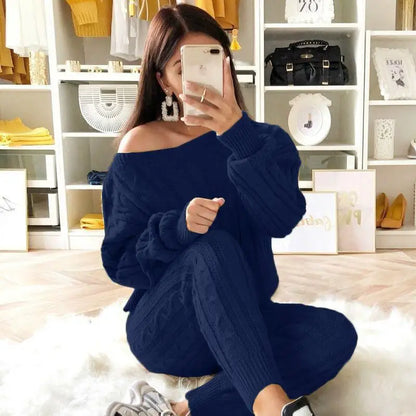 Autumn Winter Oversized O Neck Solid Color Casual Sweater Set Ladies Loose Fashion Elastic Jumpers Pants Suit Women's Clothing