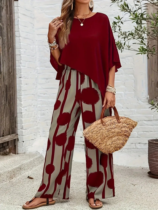 Women's casual plus size suits Spring and summer suits Round neck Geometric pattern Bat short sleeve top and straight pants Wome Chic Le'Meek