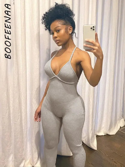 BOOFEENAA Comfy Grey Ribbed Knit One Piece Jumpsuit Women Fall 2023 Sexy Deep V Neck Backless Bodycon Romper C87-CZ20