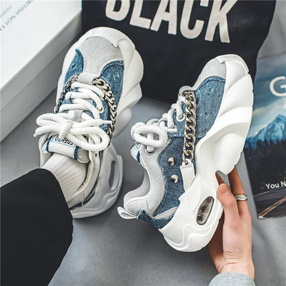 Fashion Blue Denim Casual Sneakers Men Original Designer Platform Shoes Men Increase Heel Hip Hop Chunky Sneakers Mens Trainers