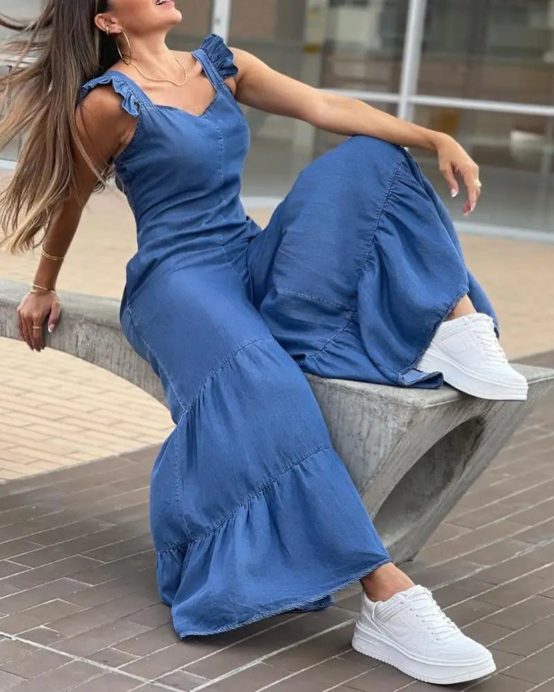 Women Solid Elegant Flying Sleeves Flare Pants Sexy Denim Pants Jumpsuit 2023