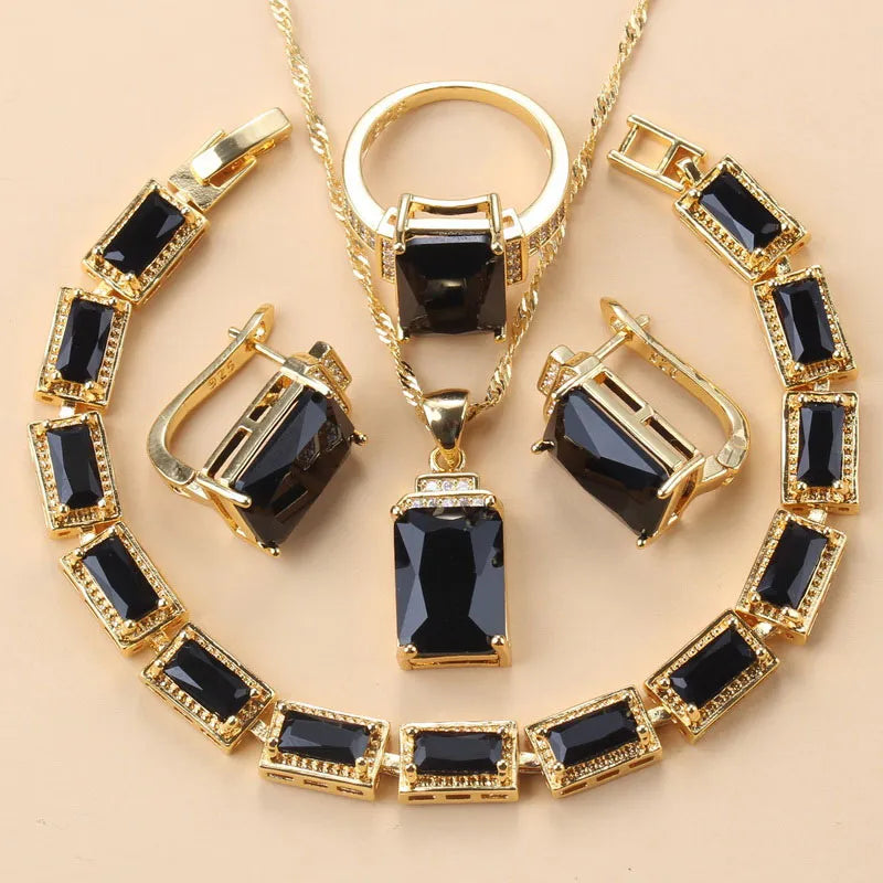 Arab Gold Color Jewelry Sets Dubai Bridal Wedding Costume Black Zirconia Bracelet Clip Earrings African Necklace Sets for Women