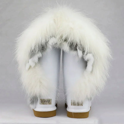 New Fashion Big Natural Fox Fur Snow Boots  High Boots Winter Long Boots