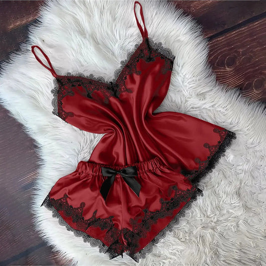 Sexy Lingerie Women Sleep Wear Camisole Bow Shorts V-Neck Top Chic Le'Meek