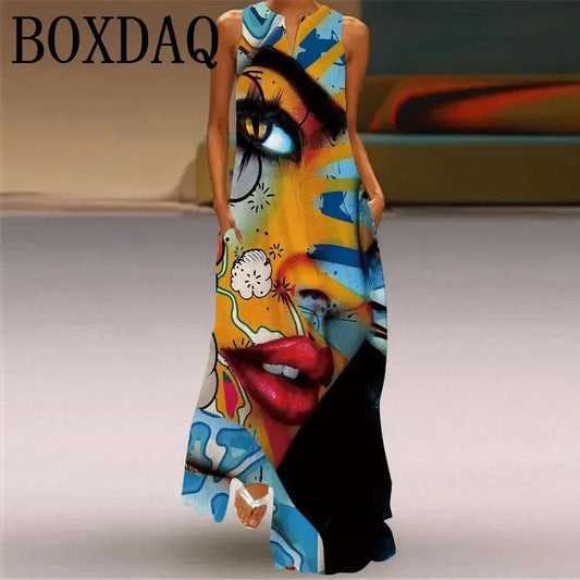 Elegant Women's Maxi Dress Summer Retro Women Face Print Evening Party Long Dress V-neck Sexy Sleeveless Dresses Y2k Vestidos Chic Le'Meek