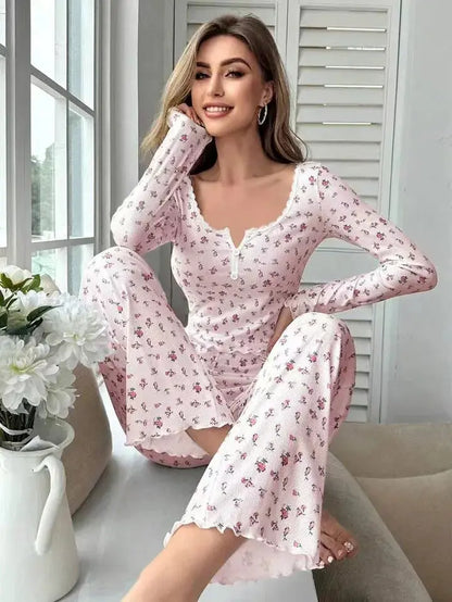 Sleepwear Women Floral Print Lettuce Trim Top with Long Pant Lovely Loungewear Chic Le'Meek