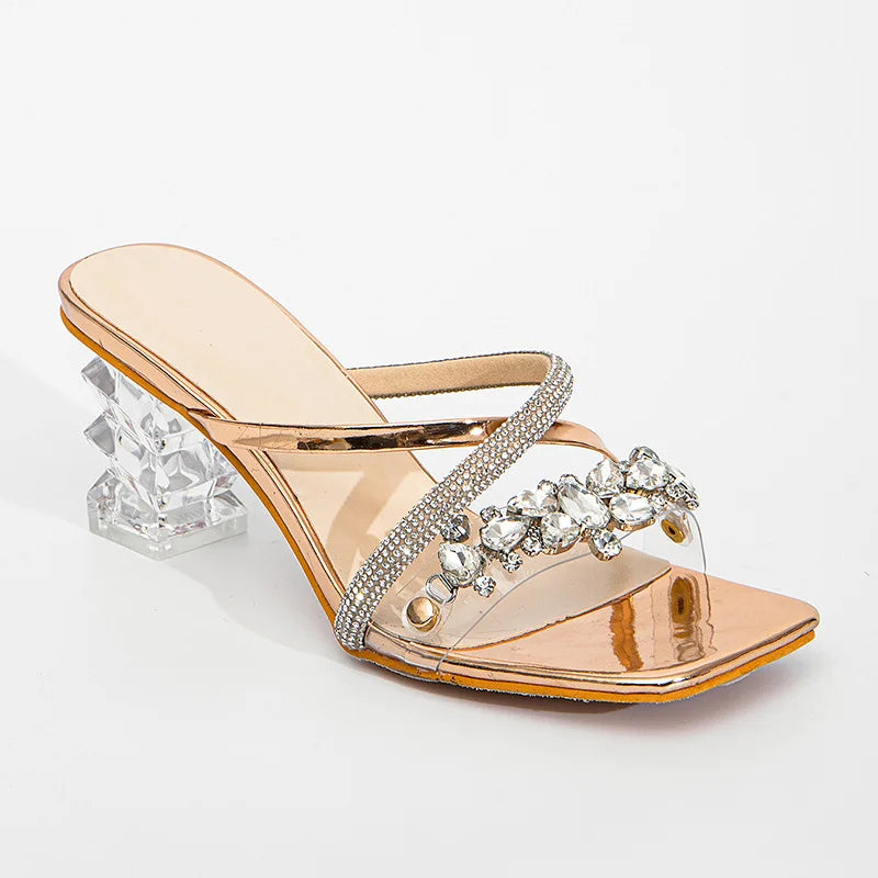 High Heeled Sandals Square Head Rhinestone Transparent Thick Heel Crisscross Zone Outdoors Slippers Zapato De Tacón