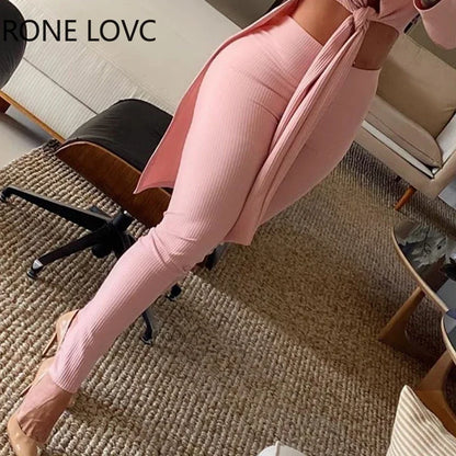 Women Sexy Solid Knotted O-Neck Long Sleeves Top & High Waist Pants Set 2 Piece Set Women