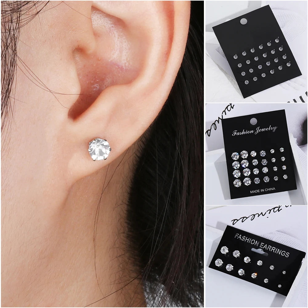 6/12 Pair Mixed Size White&Black Color Cubic Zircon Stud Earrings SET Shine Crystal Ear Studs for Men&Women Punk Party Jewelry