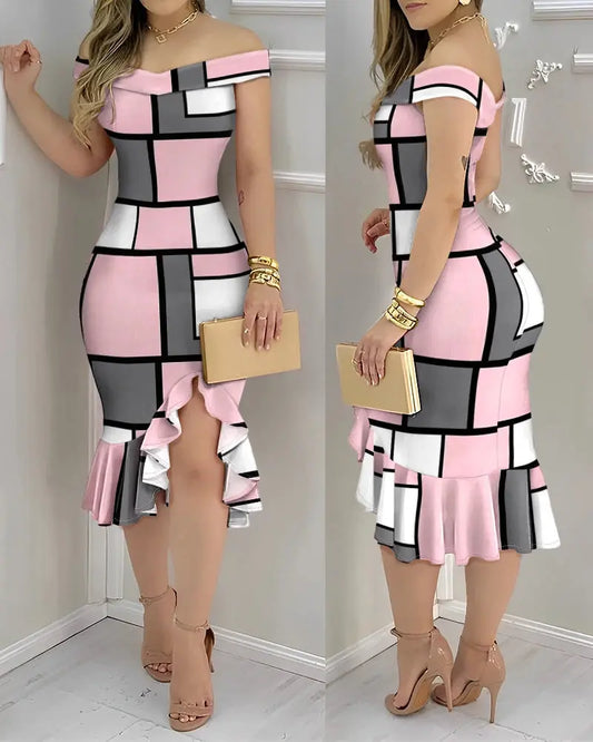 Casual Women's Dresses 2025 Spring Geometric Color Block Print Chic Le'Meek