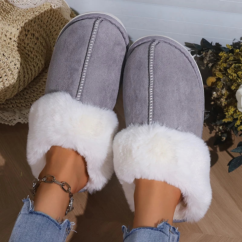 2023 Winter Warm Flat Fur Slippers Women Faux Suede Fluffy Furry Home Slides Woman Comfort Non Slip Indoor Floor Cotton Shoes