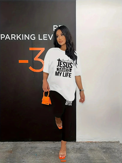 Women's Sports Outfit Plus Size Letter Print Black Short Sleeve T-shirt Temu