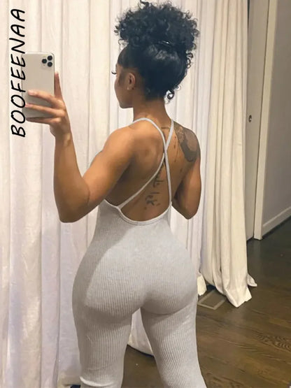 BOOFEENAA Comfy Grey Ribbed Knit One Piece Jumpsuit Women Fall 2023 Sexy Deep V Neck Backless Bodycon Romper C87-CZ20