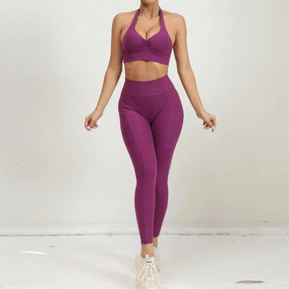 2025 1/2PCS V Back Lycra Pad Pocket Halter Sport Bra Yoga Set Squat Proof Scrunch Legging Workout Pant Gym Fitness Active Suits Chic Le'Meek
