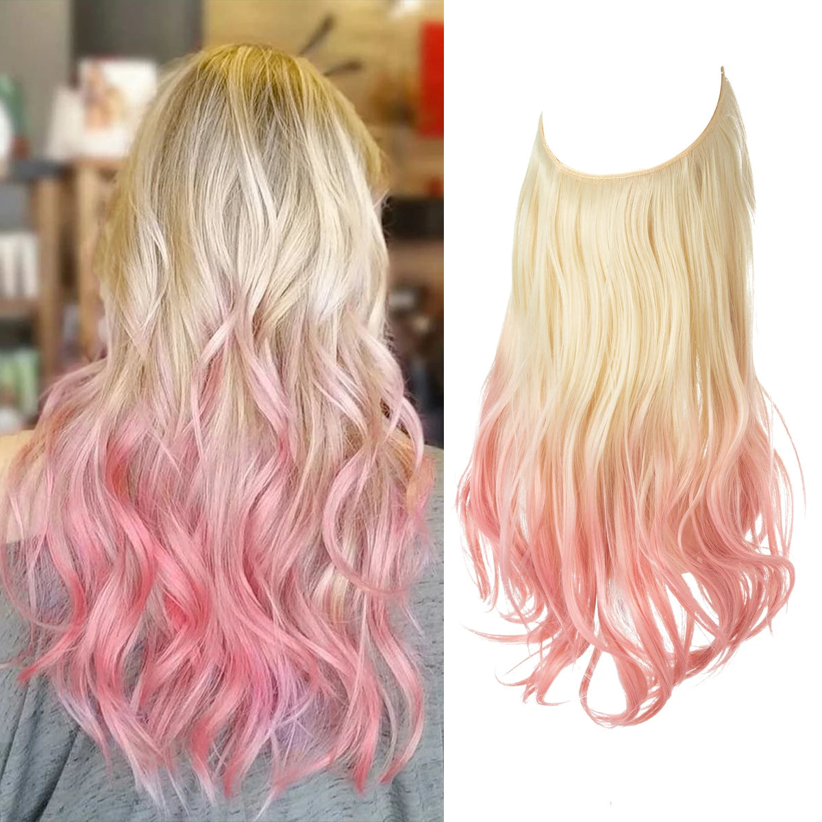 Synthetic No Clips In Natural Hair Extension Ombre Black Blonde Pink One Piece Long Wave Invisible Wire False Fake Hair Piece