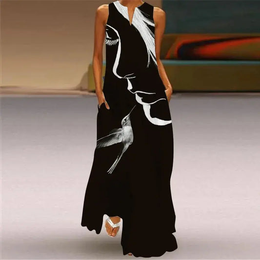 Mask printing Dress Sexy Sleeveless Dress  V-Neck  Casual  Clothing Women Chic Le'Meek