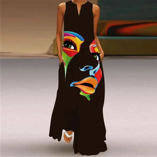Mask printing Dress Sexy Sleeveless Dress  V-Neck  Casual  Clothing Women Chic Le'Meek