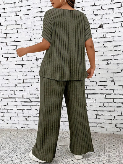 Plus Size Women’s Casual Two-Piece Outfit Striped Top and Wide-Leg Pants Set Comfortable Lounge Wear Chic Le'Meek
