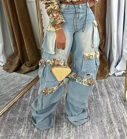 CM.YAYA Washed Denim Women's Set Full Sleeve Floral Jacket and Pockets Cargo Jeans Pants Suit 2024 Street Two 2 Piece Set Outfit Chic Le'Meek