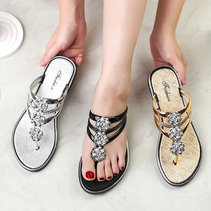 Women's Shoelace Diamond Slippers Women's Large Size Flip-flops 2024 Women's Slippers Summer Sandals New Flat Silver