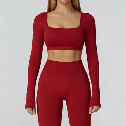 Seamless Casual Quick Dry Sportswear Women Square Neck Gym Top Women Fitness Sports Crop Top Female Long Sleeve Yoga Clothing Chic Le'Meek
