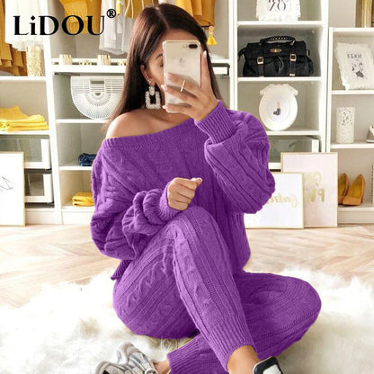 Autumn Winter Oversized O Neck Solid Color Casual Sweater Set Ladies Loose Fashion Elastic Jumpers Pants Suit Women's Clothing