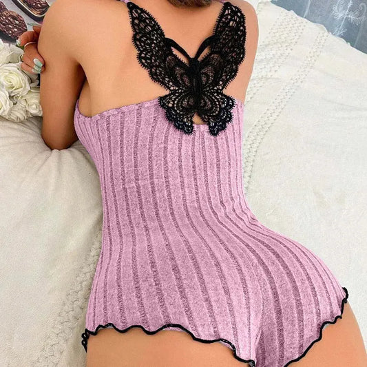 Women's Suspenders Lace Trim And Bow Design Pajamas Sleeveless V-Neck Pajamas Set Sleepwear Suit Sexy Solid Home Clothes Summer Chic Le'Meek
