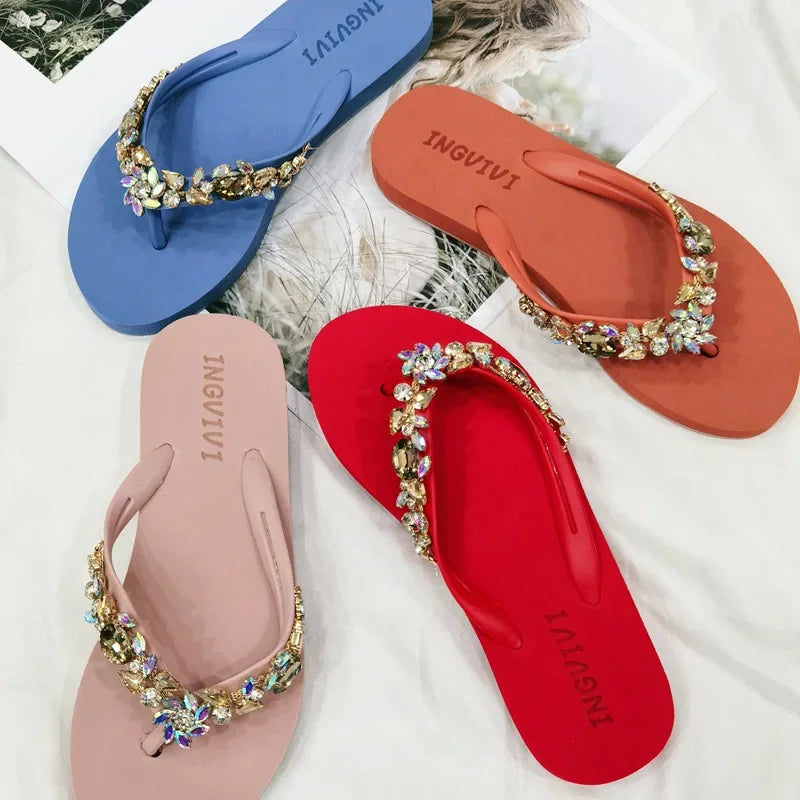 Slippers Women Glitter Flip Flops  Summer 2023 Fashion Outdoor Rhinestone Chain Wedge Beach Slippers Jelly Hawaiian Flat Sandals